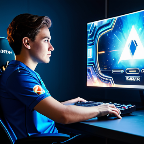 Home 8 A professional gamer, fully clothed in a modest, high-performance esports jersey, sits composedly at a sleek, futuristic gaming desk. Their expression is one of quiet pride and focus as they gaze at a large, glowing monitor displaying a mosaic of stylized digital accolades and achievement badges, subtly representing a rich history of in-game honors. The background is a clean, modern gaming room with soft, ambient LED lighting. perfect anatomy, correct proportions, well-formed hands, natural pose, safe for work, appropriate content, professional dress, high quality, professional photography.