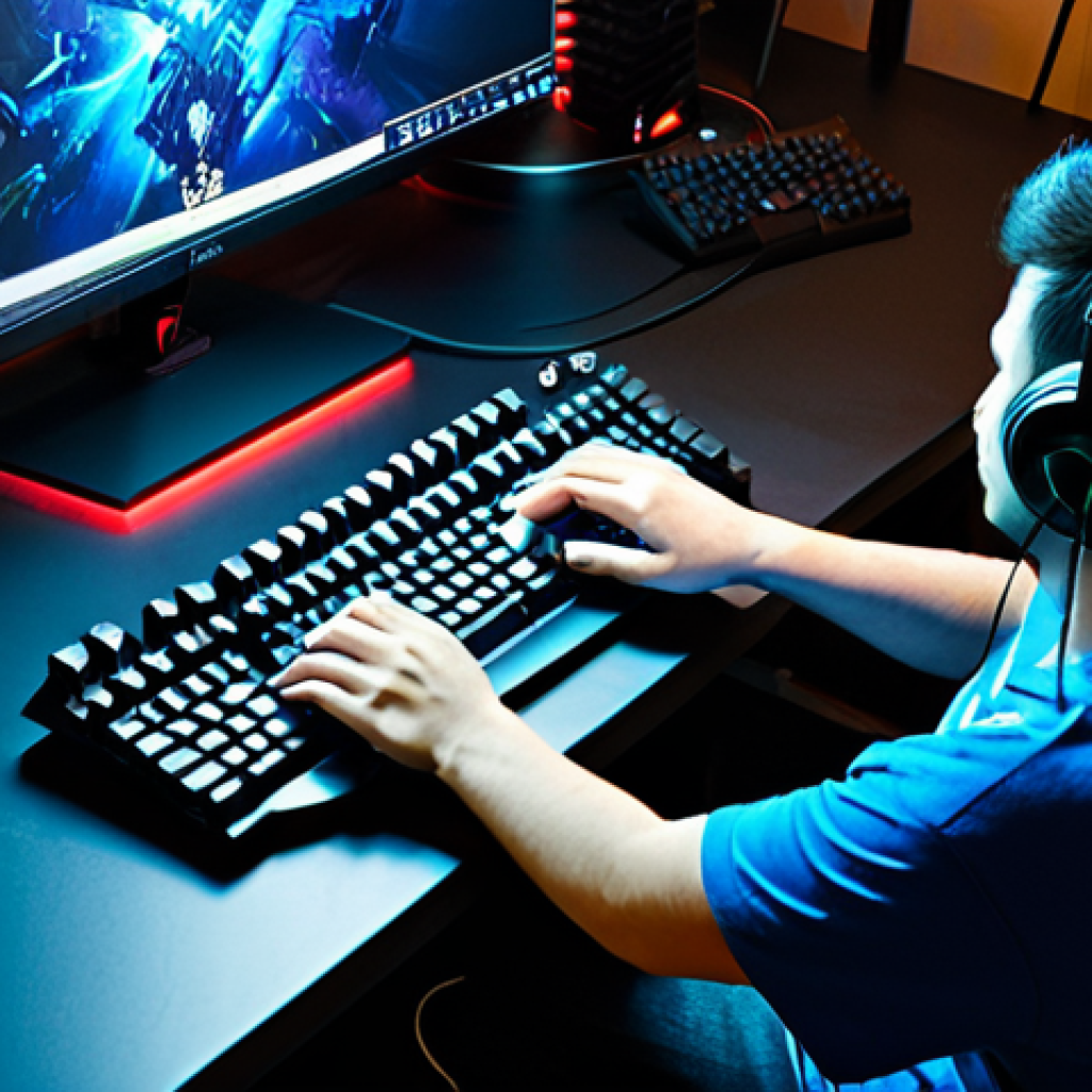 The Strategist's Setup**

A focused gamer, fully clothed in a comfortable gaming t-shirt, sitting at a gaming desk with a high-end mechanical keyboard and gaming mouse prominently displayed. The screen shows a Dota 2 match from a strategic, overhead perspective. The keyboard has visible keycaps with customized quick cast and item bindings. The room is dimly lit with RGB lighting accents, giving a professional gamer aesthetic. Safe for work, appropriate content, perfect anatomy, correct proportions, well-formed hands, proper finger count, natural pose, professional gaming setup, modest clothing, family-friendly.

**