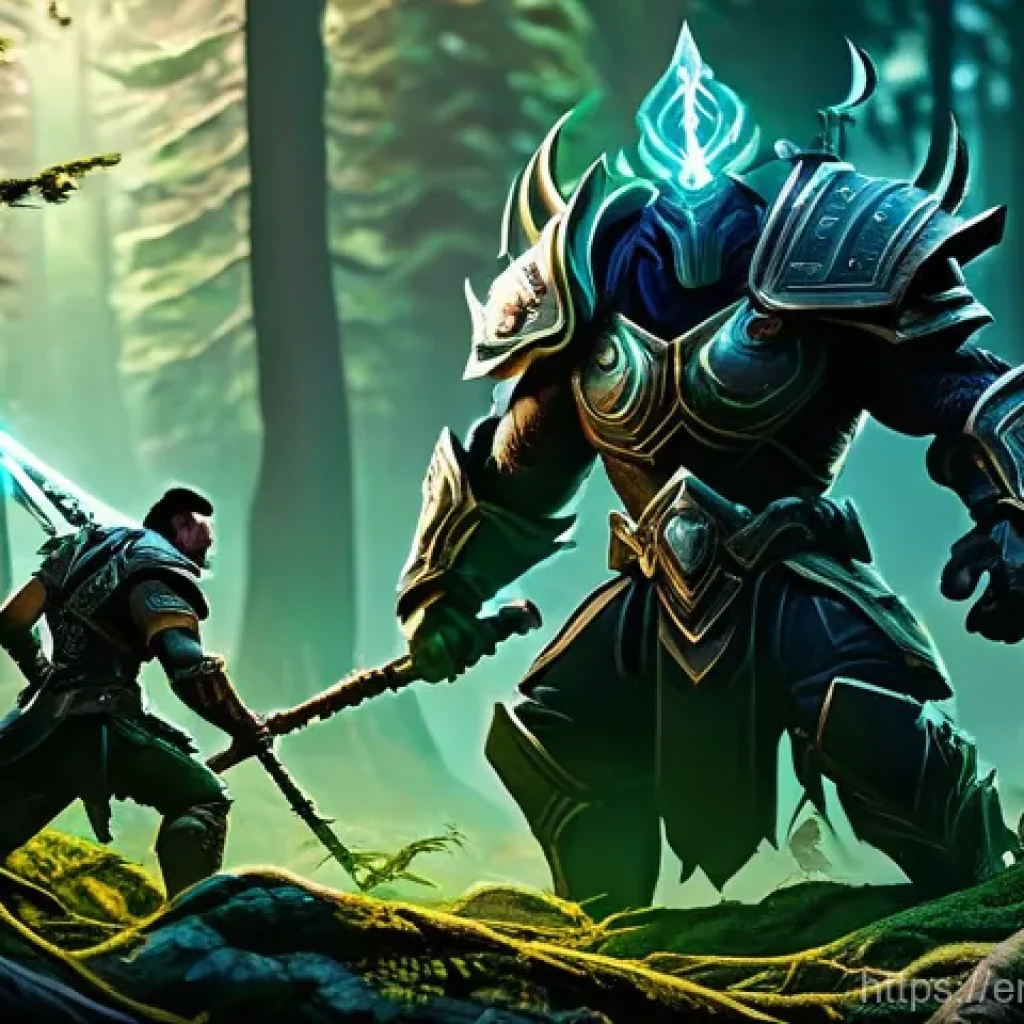 도타2 최강 조합 - **Epic Disable Chain in a Lush Fantasy Forest:**
    A dynamic, action-packed scene set in a dense, ...