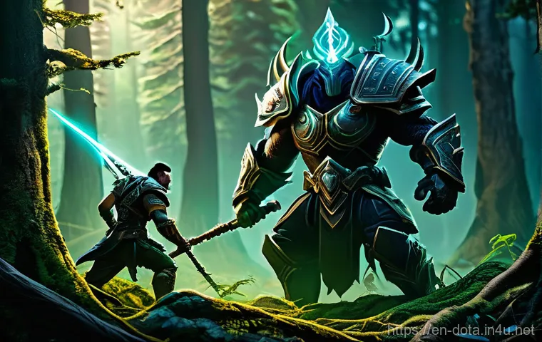 도타2 최강 조합 - **Epic Disable Chain in a Lush Fantasy Forest:**
    A dynamic, action-packed scene set in a dense, ...