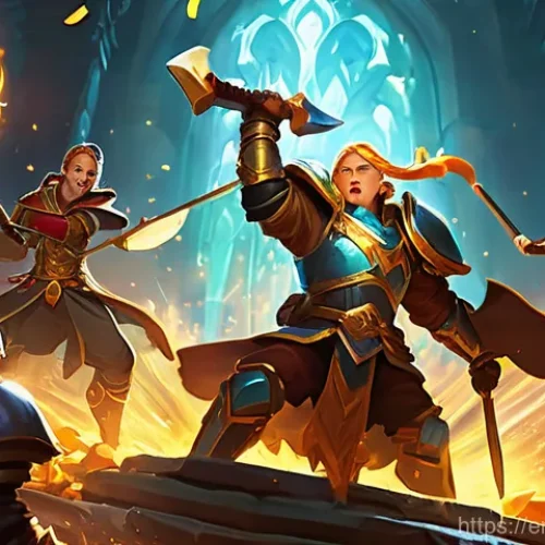 도타2 아케이드 게임 추천 - **Overthrow: Midas Throne Mayhem**
    A highly dynamic and action-packed scene depicting several ic...