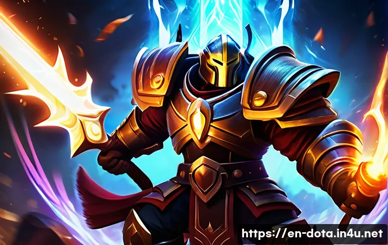 도타2 아이템 가치 평가 - A dynamic and detailed digital illustration of a Dota 2 carry hero, Juggernaut, in mid-battle stance...