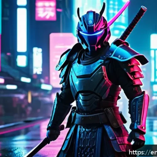 도타2 스킨 디자인 경연 - A futuristic cyberpunk Juggernaut warrior clad in sleek, neon-lit armor with glowing blue and pink a...