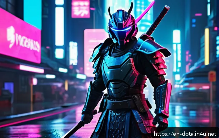 도타2 스킨 디자인 경연 - A futuristic cyberpunk Juggernaut warrior clad in sleek, neon-lit armor with glowing blue and pink a...