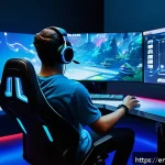 도타2 튜토리얼 업데이트 - A dynamic esports training room featuring a young gamer practicing last-hitting in a virtual Dota 2 ...