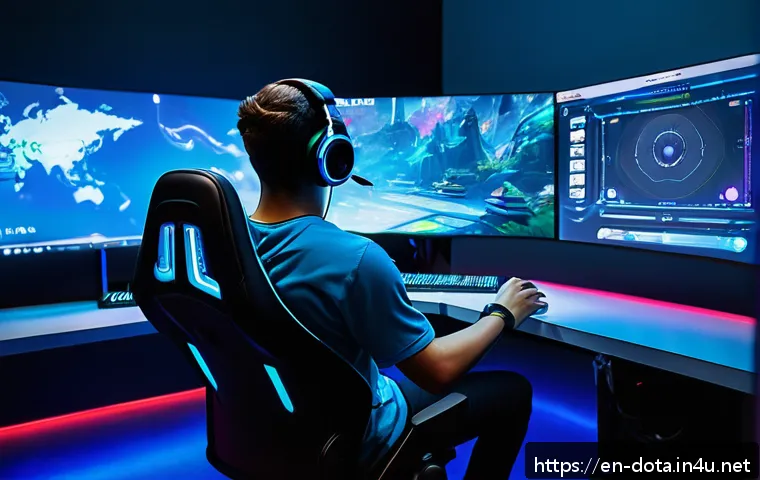 도타2 튜토리얼 업데이트 - A dynamic esports training room featuring a young gamer practicing last-hitting in a virtual Dota 2 ...
