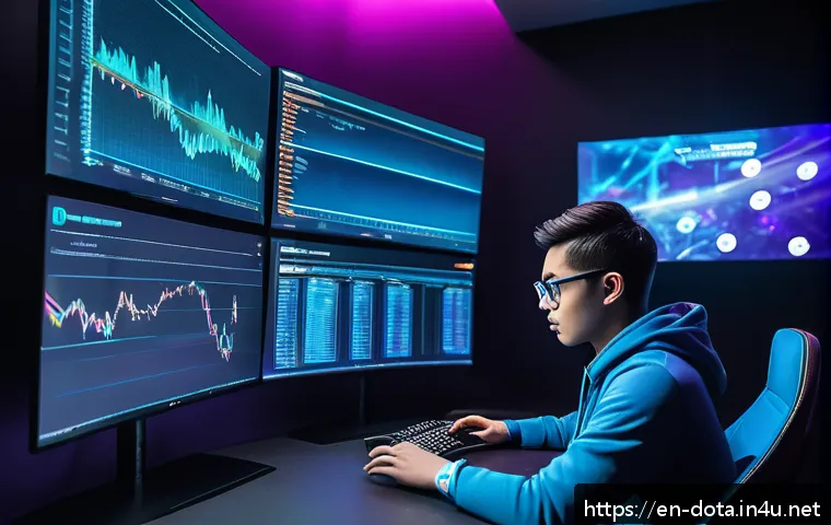 도타2 게임 분석 소프트웨어 - A futuristic esports analyst room showcasing multiple large holographic screens displaying detailed ...