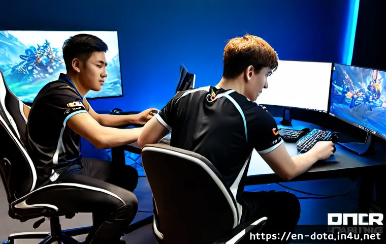 Home 17 도타2 프로팀 로스터 업데이트 - Photorealistic professional esports roster update scene, five diverse young adult MOBA players in ma...